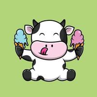 Cute Cow Holding Ice Cream Cone Planet Cartoon Vector Icon Illustration. Science Food Icon Concept Isolated Premium Vector. Flat Cartoon Style