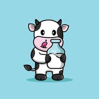 linda vaca sosteniendo una ilustración de icono de vector de dibujos animados de botella de leche. concepto de icono de bebida animal vector premium aislado. estilo de dibujos animados plana