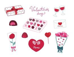 Set of romantic Valentines Day elements, hand drawn stickers vector