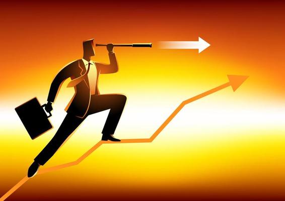 Businessman using telescope on graphic chart