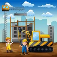 Construction worker discussion with manager at construction site background vector