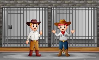 dos hombres custodiando una celda de prisión vector