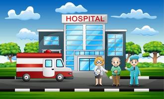 Front side view of hospital with a doctor , patient and ambulance vector