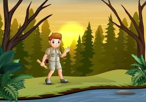 Scout boy exploring the forest with his maps vector