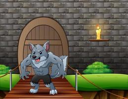 Cartoon werewolf on suspension bridge vector