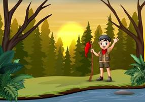 Sunset at forest background with a scout boy vector