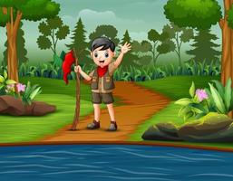 Scout boy holding red flag on the road vector