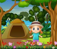 Cute little girl camping out by the river landscape vector