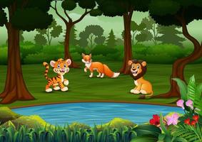 Cartoon many wild animals in the forest vector