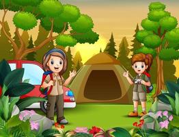 Campers in camping zone with tent sunset scene vector