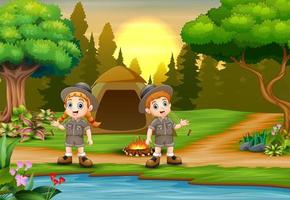 Kids camping background with sunset landscape vector