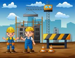 Construction worker discussion with manager at construction site background vector