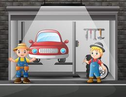 Auto repair shop service workers cartoon indoor