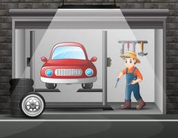Cartoon workshop with mechanic crew repairing a car