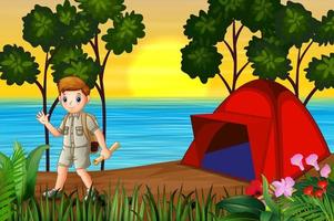 The explorer boy camping by the lake vector