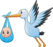 Cute cartoon a stork flying with baby boy vector