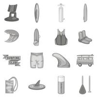 Surfing icons set, gray monochrome style vector