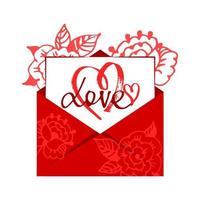 In the red envelope is a card with a heart. Illustration of a love letter. Vector illustration. Flat