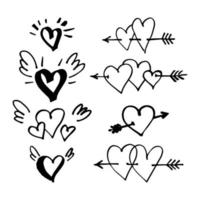 Hand drawn hearts with little wings and pierced with arrow. Symbol of love. Doodle style Valentine's day illustration. Vector. vector