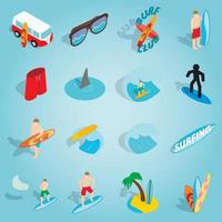 Surfing set icons, isometric 3d style vector