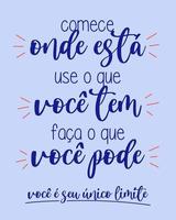 Inspirational phrase in Brazilian Portuguese. Translation - Start where you are, use what you have, do what you can, you are your only limit vector