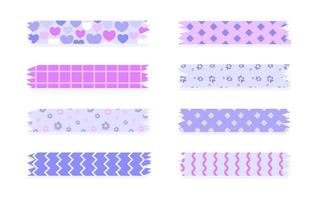 Set of colorful patterned washi tape strips. Cute decorative scotch tape isolated on white background. Vector illustration.