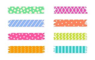 Set of colorful patterned washi tape strips. Cute decorative scotch tape isolated on white background. Vector illustration.