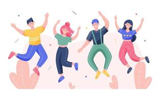 Group of happy jumping people. Concept of happiness, joy, and win. Flat vector illustration.