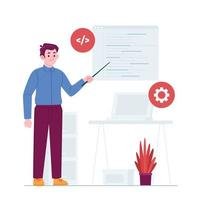 Programming concept vector Illustration idea for landing page template, Application, software coding process, interface development with task algorithm source and excutable. Hand drawn Flat Style