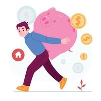 Money saving concept vector Illustration idea for landing page template, financial wealth money saving, investment success and safe economy with budget piggy bank, Hand drawn Flat Styles