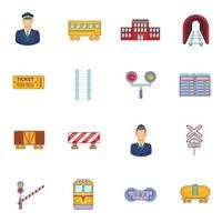 Railway icons set, cartoon style vector