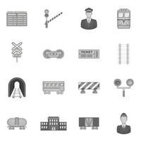 Railway icons set, black monochrome style vector