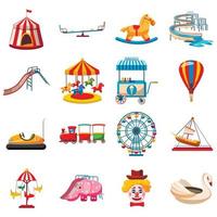 conjunto de iconos de parque de atracciones, estilo plano vector