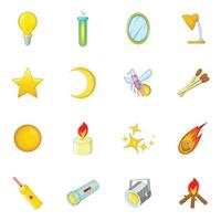 Sources of light icons set, cartoon style vector