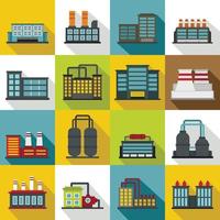Industrial building factory icons set, flat style vector