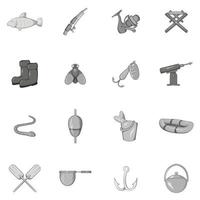 Fishing icons set, black monochrome style vector