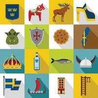 conjunto de iconos de viaje de suecia, estilo plano vector