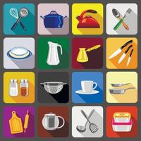 Kitchenware dishes icons set, flat style vector