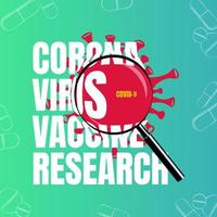 concepto de ilustración de investigación de vacunas contra el virus de la corona con efecto de texto de lupa aislado en un fondo degradado brillante. vector