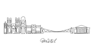 Single continuous line drawing of Bristol skyline, England UK. Famous city scraper landscape. World travel home wall decor art poster print concept. Modern one line draw design vector illustration
