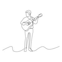 Single continuous line drawing of a musician playing acoustic guitar - Modern one line draw design vector illustration