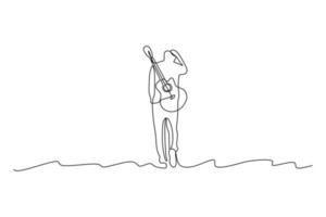 Single continuous line drawing of a musician carrying guitar - Modern one line draw design vector illustration