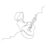 Single continuous line drawing of a musician playing acoustic guitar - Modern one line draw design vector illustration