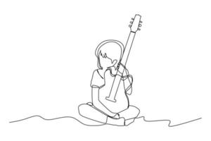 Single continuous line drawing of a child holding a guitar - Modern one line draw design vector illustration