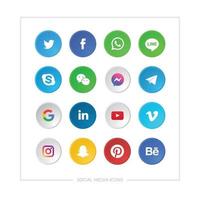 Set of various social media icons with colored in a circle shape with emboss. vector