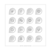 Set of various social media icons with grey color in a leaf shape with emboss. vector