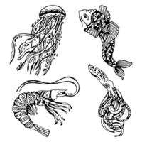 Set of hand drawn sea animals with ornament, black outline. Fish, jellyfish, octopus and shrimp. Design for postcards, coloring book