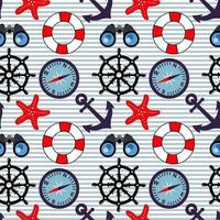 Seamless pattern on the marine theme. Compass, binoculars, anchor, rudder and lifebuoy on a striped background. Print. Decor for textiles, wallpaper, paper, covers