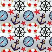 Seamless pattern on the marine theme. Compass, anchor, steering wheel and lifebuoy on a striped background. Print. Decor for textiles, wallpaper, paper, covers vector