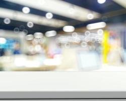 Empty laminate shelf and blurred background for business product presentation photo